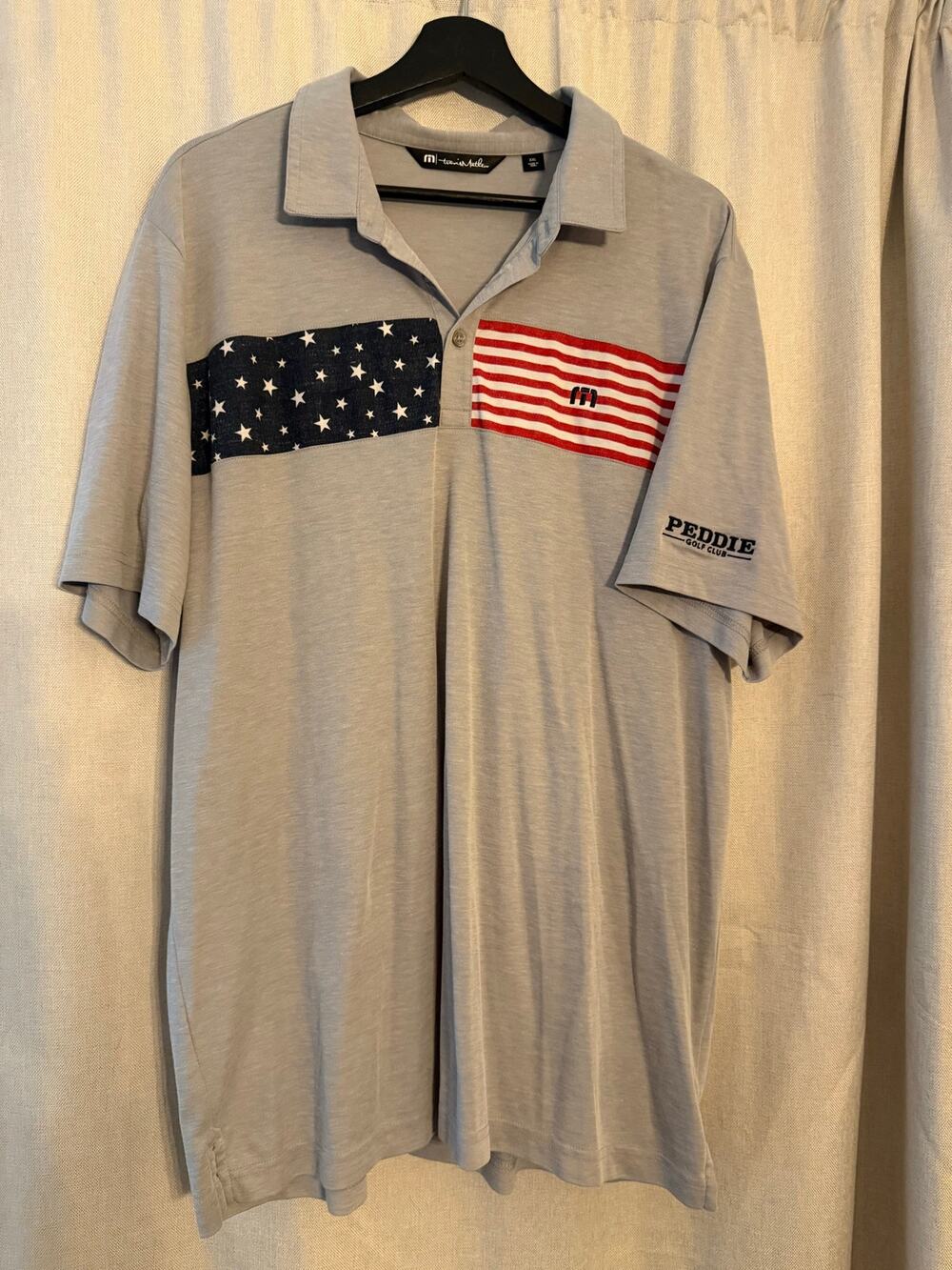 TravisMathew American Flag Golf Polo Shirt XXL Gray Peddie Golf Club Performance